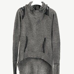 Art Point Grey Hood Mesh Detail Mix-Material Long Sleeve Sweater